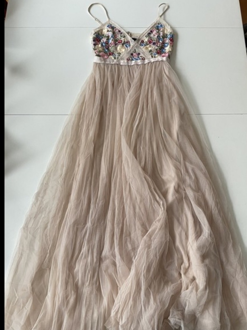 NWT Needle & Thread Pink Multicolored Floral Embroidered Tulle Maxi Gown 10